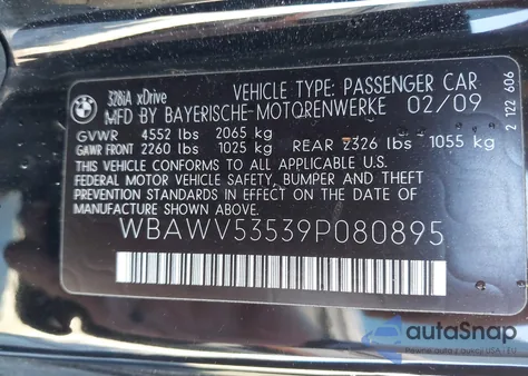 2009 BMW 328I xDrive z USA, uszkodzony, nr VIN WBAWV53539P080895